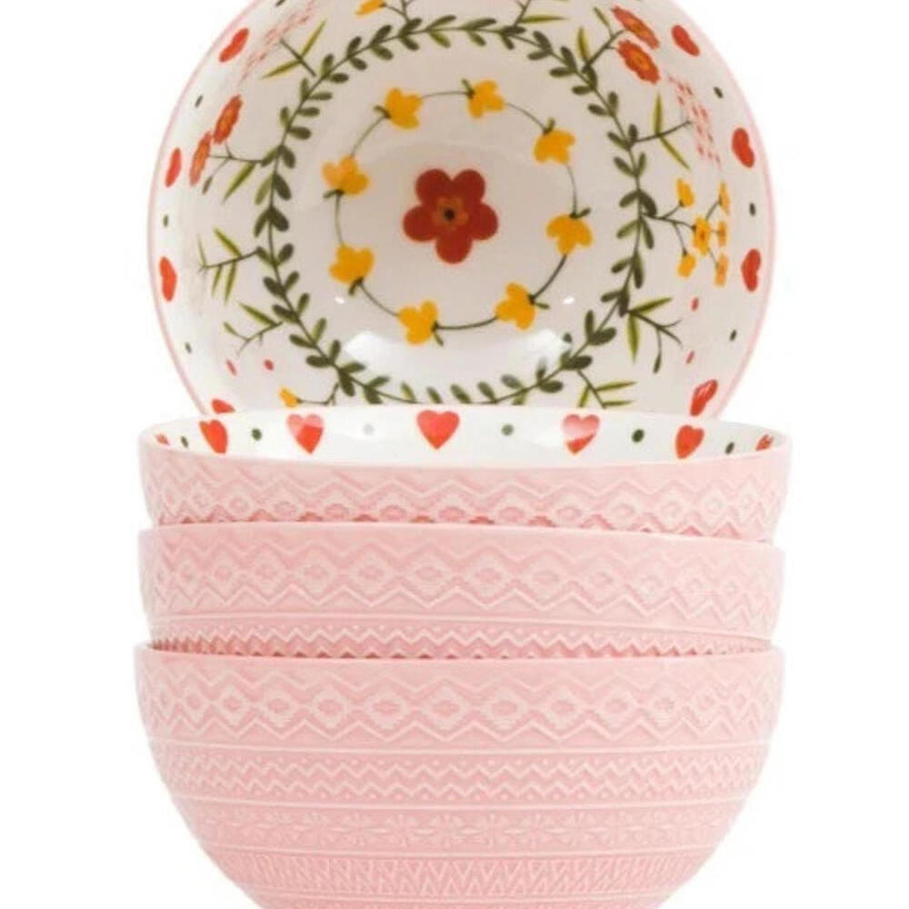 Potter’s Studio Pink Heart Footed Bowls Set of 4 • 5.25" Valentine Floral